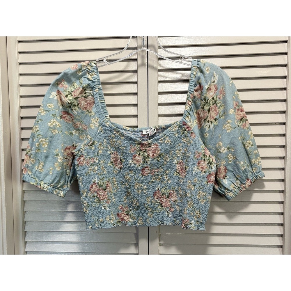 American Eagle Green/Cream Floral Smocked Short Puff Sl Top Size S NWT Linen